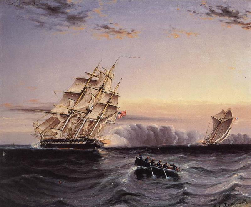 James Edward Buttersworth A U.S Frigate attacking a French Privateer Germany oil painting art